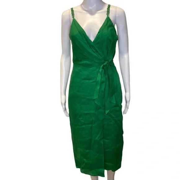 NWT Reiss Emerald Green Esme Linen Tie Side Midi Dress - Sz 2 - Picture 2 of 10